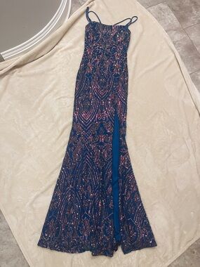 Windsor Blue and Pink Sequin Spaghetti Strap Prom Gown